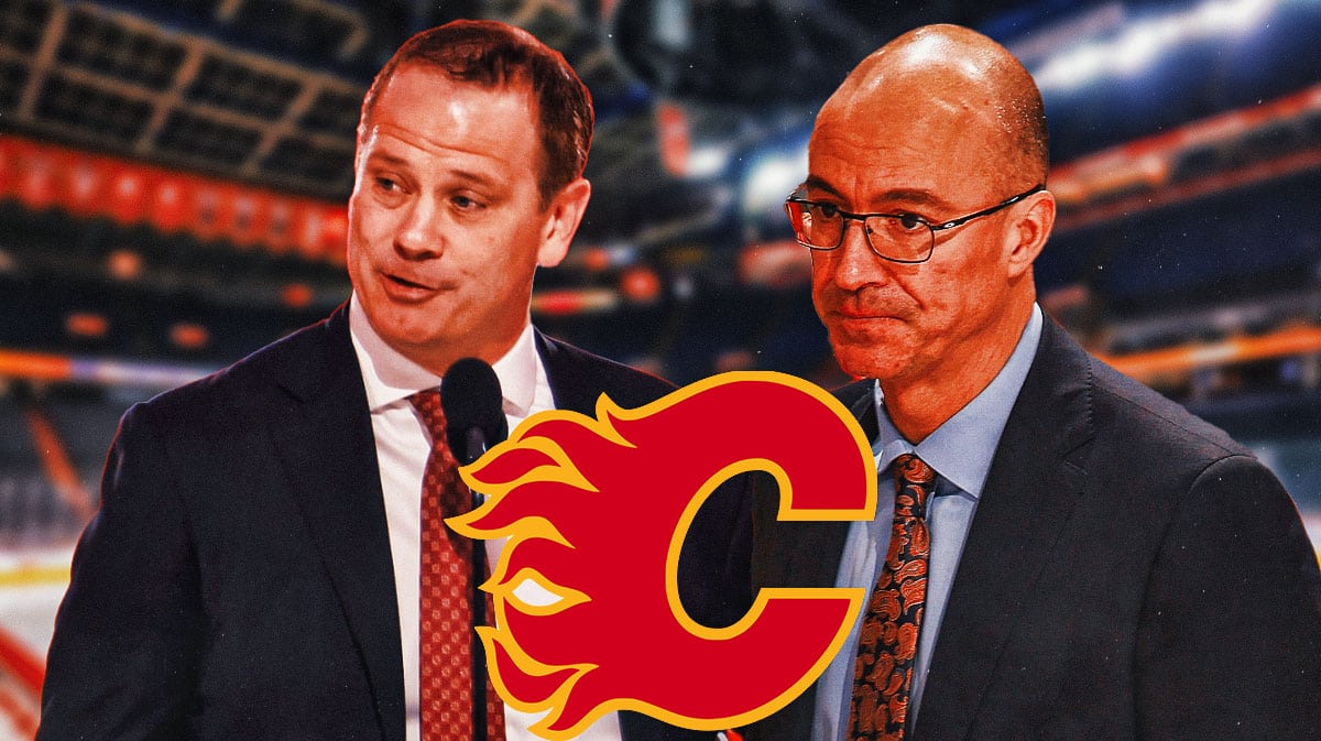 Ryan Huska and Craig Conroy in suits with a Calgary Flames logo