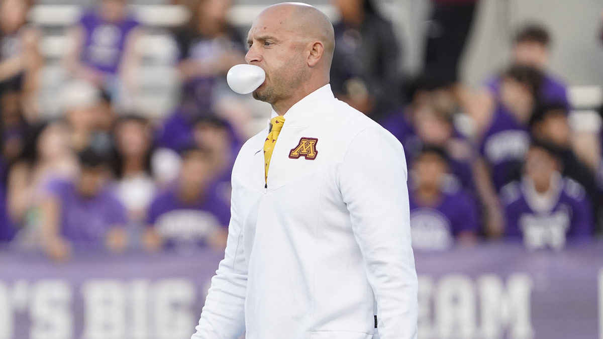 Minnesota Golden Gophers head coach PJ Fleck on the field before the game against the Northwestern Wildcats at Ryan Field.
