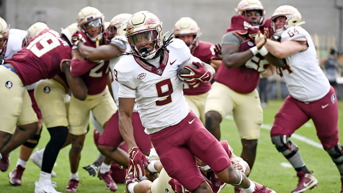 Florida State Seminoles running back Lawrance Toafili (9) runs the ball during the Spring Showcase at Doak S. Campbell Stadium.