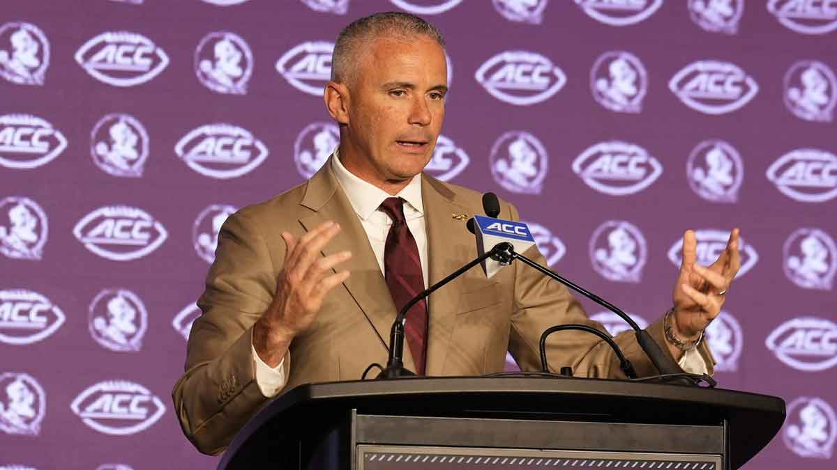 Florida State head coach Mike Norvell speaks to the media during ACC Kickoff at Hilton Charlotte Uptown.