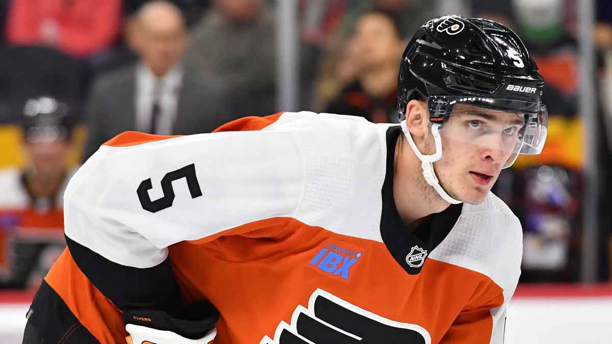 Philadelphia Flyers defenseman Egor Zamula (5) against the Boston Bruins at Wells Fargo Center.