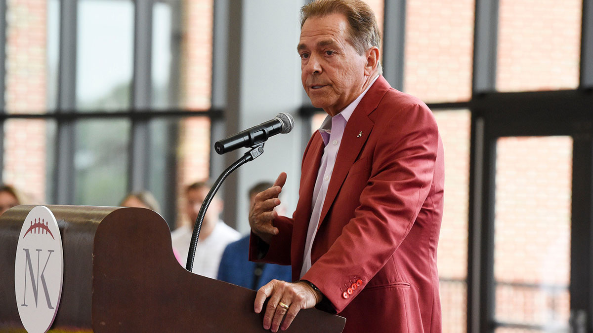 Nick Saban makes his remarks to the assembled crowd of friends, supporters and agencies Wednesday, Aug. 14, 2024, at Bryant-Denny Stadium during the annual Nick’s Kids Foundation Luncheon.