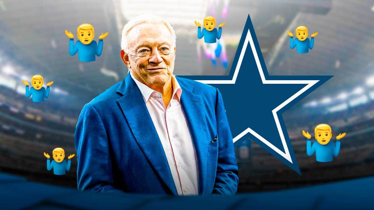 Jerry Jones surrounded by shrug emojis in AT&T stadium 🤷 in front of a Cowboys logo