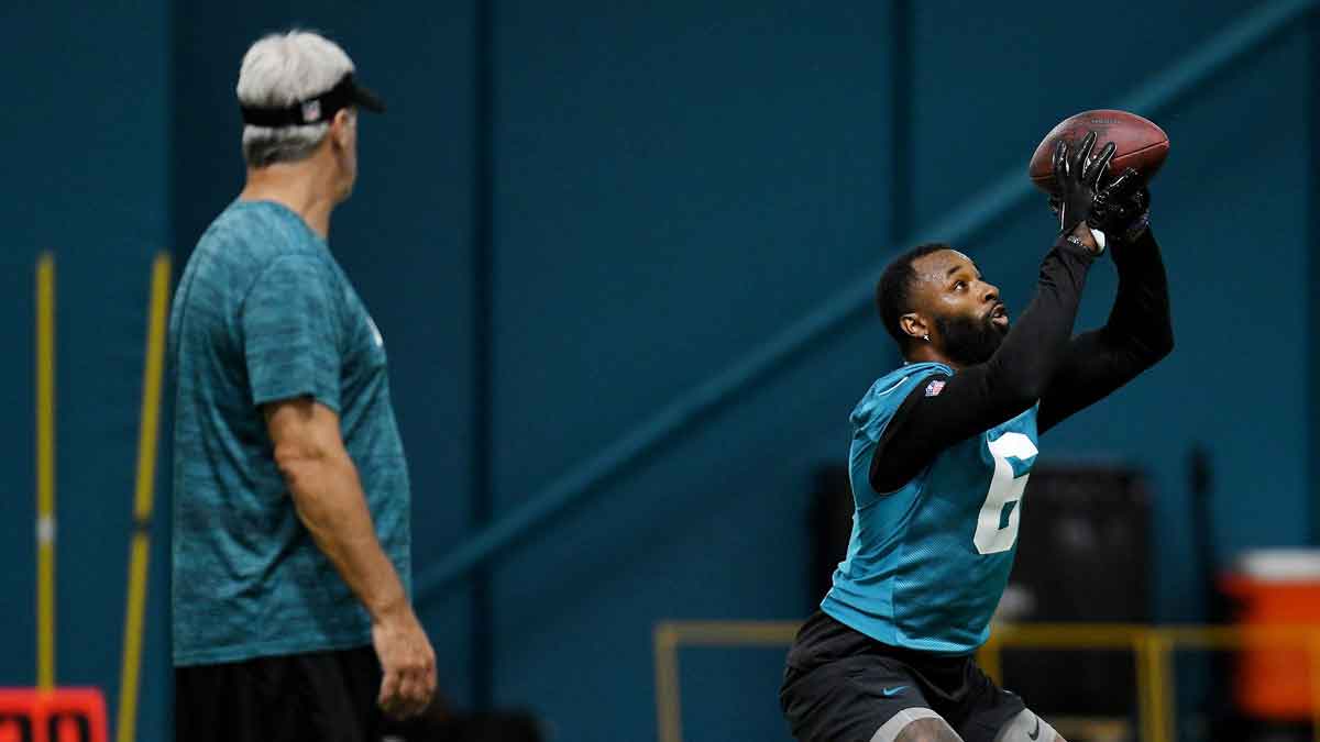 Jacksonville Jaguars Head Coach Doug Pederson looks on as Jacksonville Jaguars wide receiver Jarvis Landry (6) pulls in a ball during Friday's rookie minicamp session. The Jacksonville Jaguars held their first day of rookie minicamp inside the covered field at the Jaguars performance facility in Jacksonville, Florida Friday, May 10, 2024.