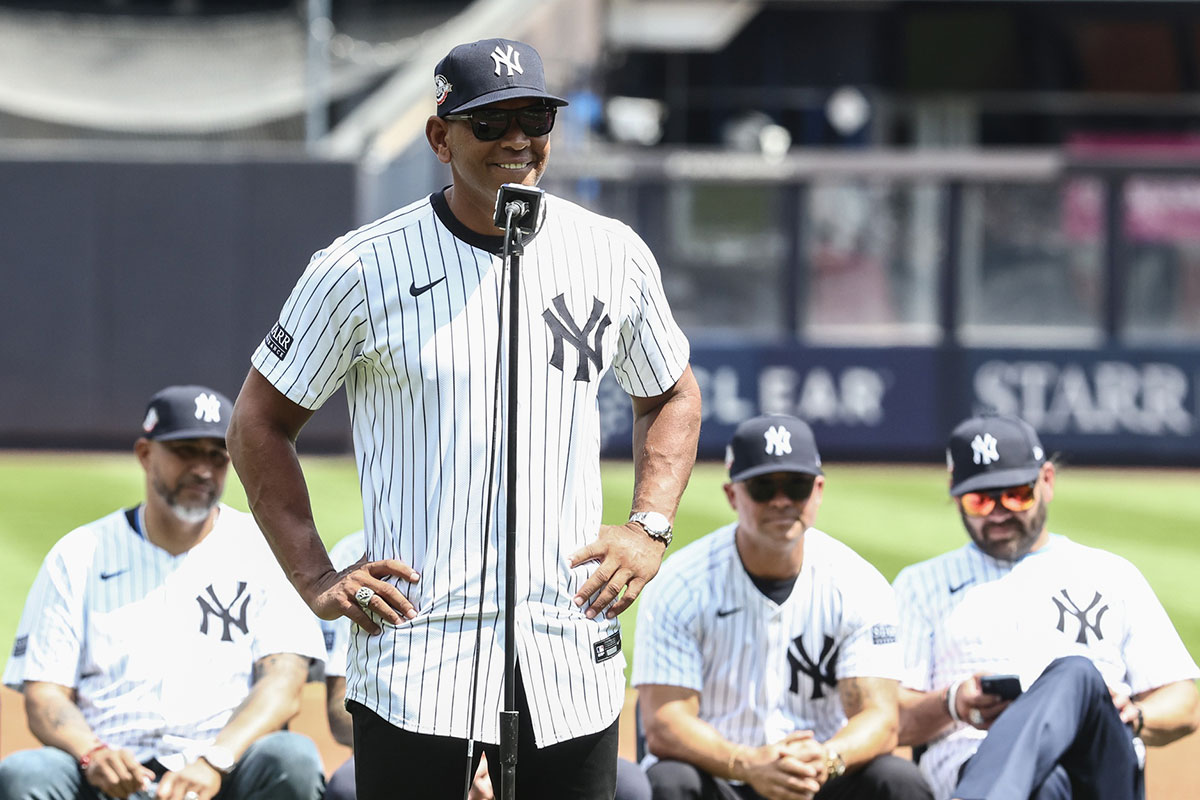 Former New York Yankees third baseman Alex Rodriguez speaks during the Old Timers’ Day Ceremony at Yankee Stadium.