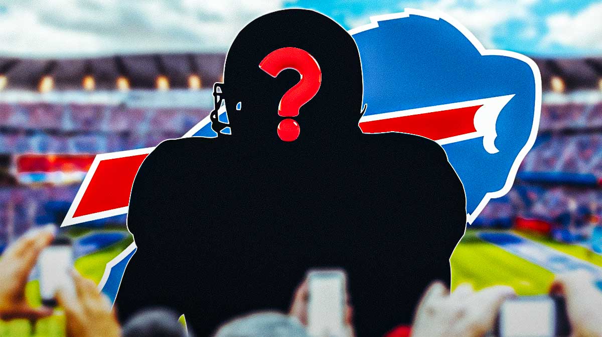 A silhouette of an American football player with a big question mark emoji inside. There is also a logo for the Buffalo Bills.
