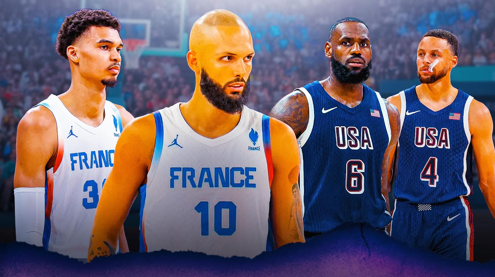 Evan Fournier in a France jersey, Victor Wembanyama in a France jersey, LeBron James in a Team USA jersey, Steph Curry in a Team USA jersey, with an Olympic background.