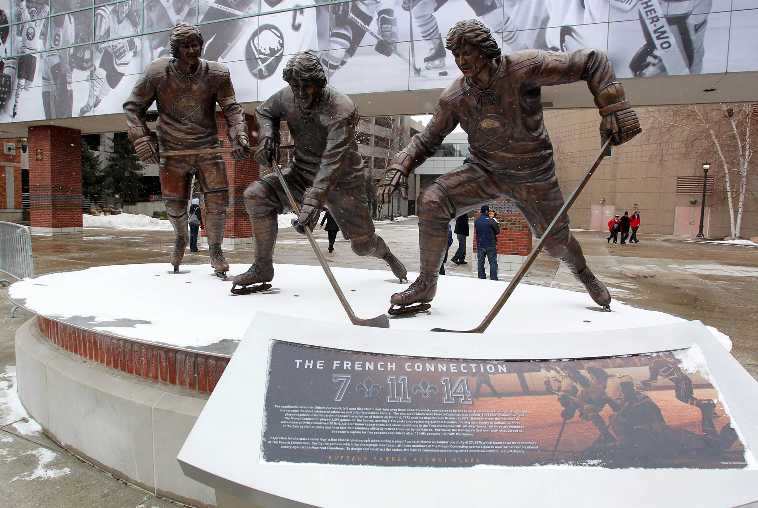 A general view of a sculpture featuring former Buffalo Sabres players from the French Connection Rick Martin, Gilbert Perreault and Rene Robert outside of the First Niagara Center before a game between the Buffalo Sabres and the Pittsburgh Penguins .