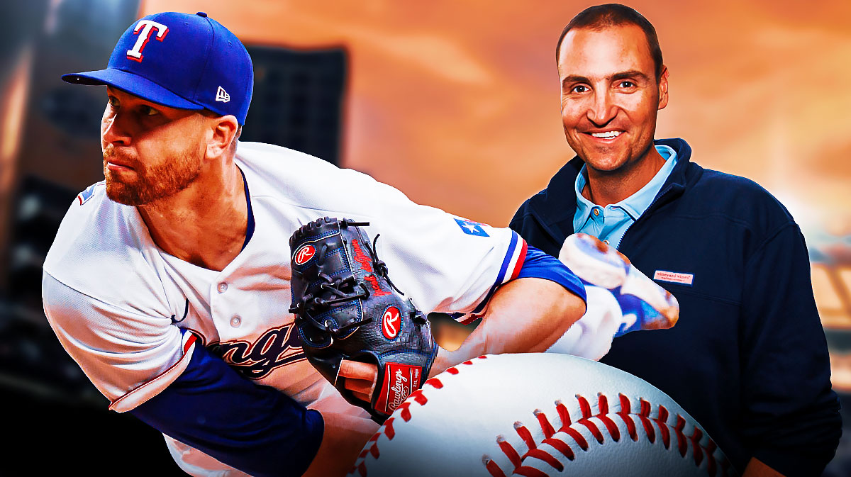 Rangers' Jacob deGrom hyped up, with GM Chris Young smiling at deGrom