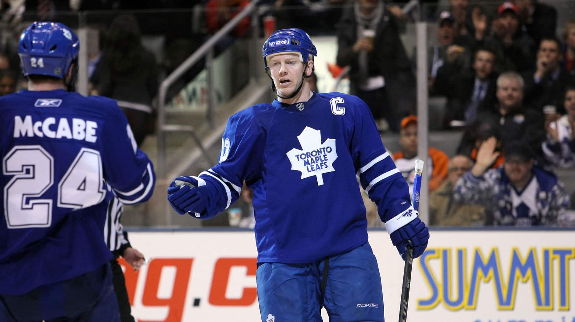 Toronto Maple Leafs center (13) Mats Sundin is congratulated after scoring in the 3rd period against the Philadelphia Flyers at the Air Canada Centre in Toronto, ON. The Maple Leafs beat the Flyers 4-3 in overtime. 