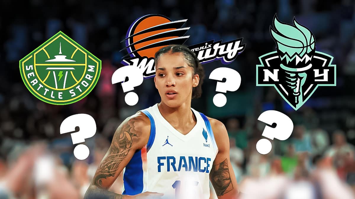 Former WNBA player Gabby Williams, with question marks around her and the logos of the Seattle Storm, Phoenix Mercury and New York Liberty WNBA teams