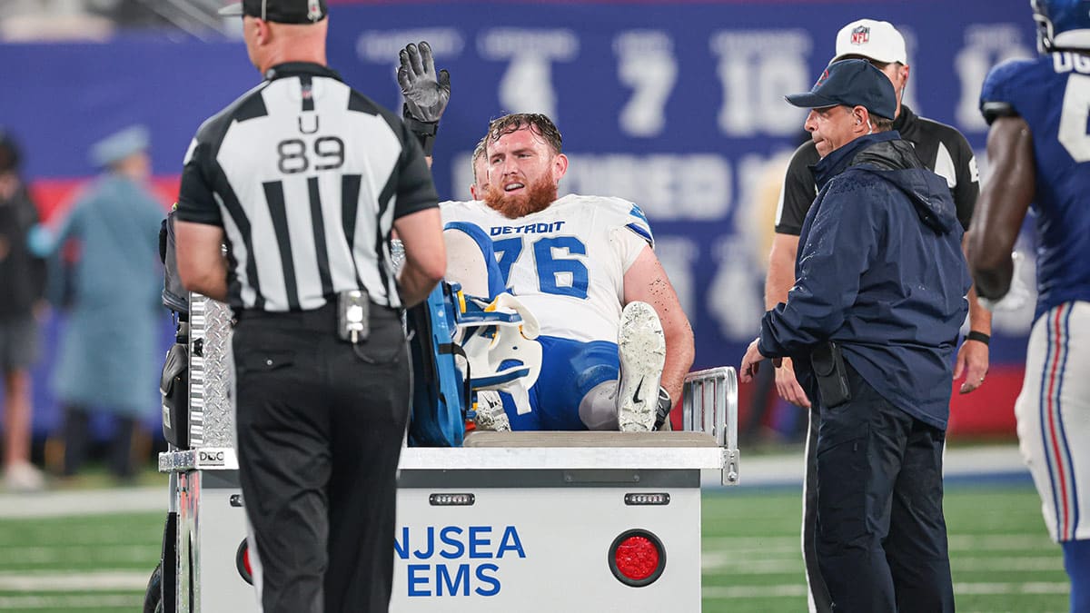 Detroit Lions offensive tackle Connor Galvin (76) is carted off the field after an injury during the second half against the New York Giants at MetLife Stadium.