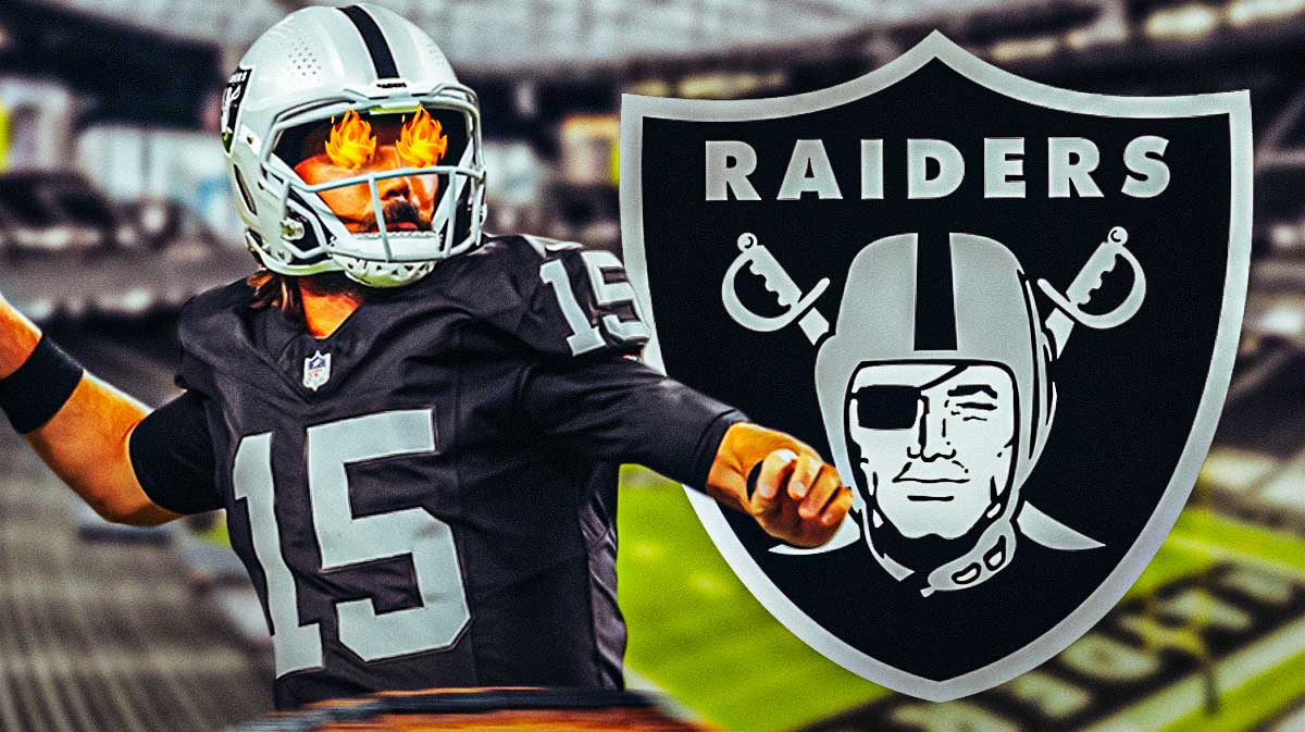 Raiders Gardner Minshew with fire in his eyes next to a Raiders logo