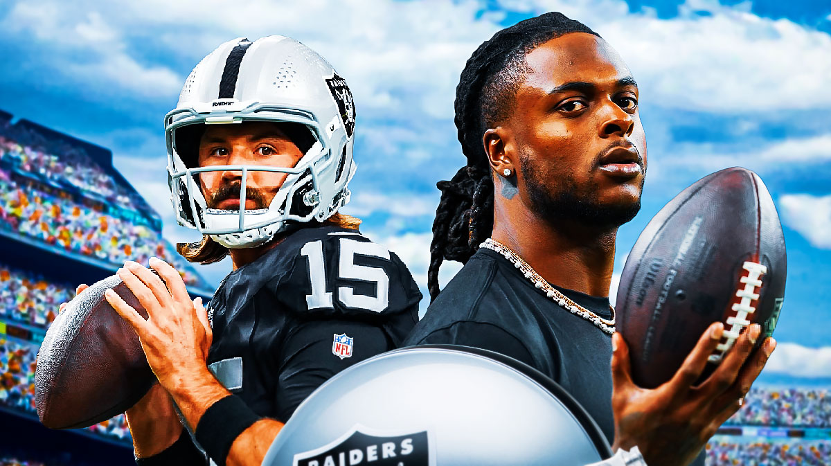 Gardner Minshew with a Raiders jersey and Davante Adams with a Raiders jersey.
