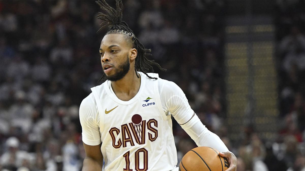 Cleveland Cavaliers guard Darius Garland (10) brings the ball up court in the second quarter against the Orlando Magic during game one of the first round for the 2024 NBA playoffs at Rocket Mortgage FieldHouse.