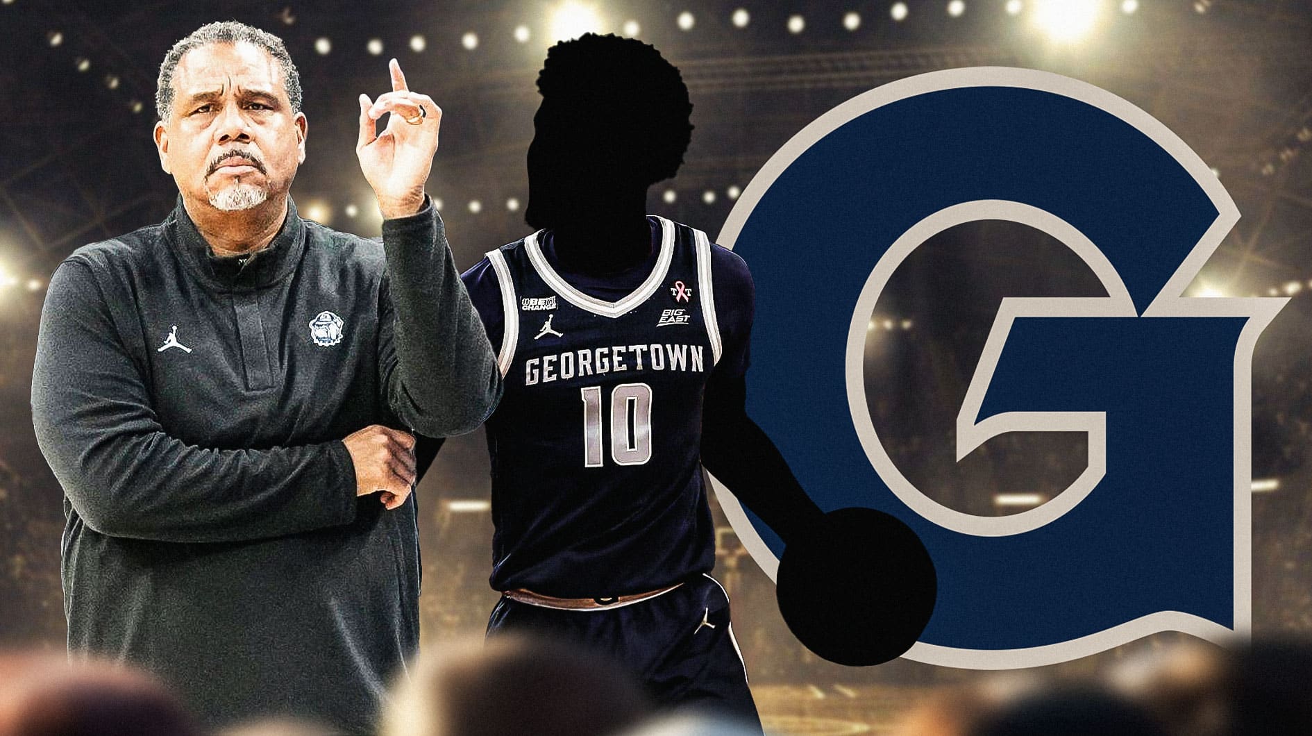 Ed Cooley with a silhouette of a player in a Georgetown jersey