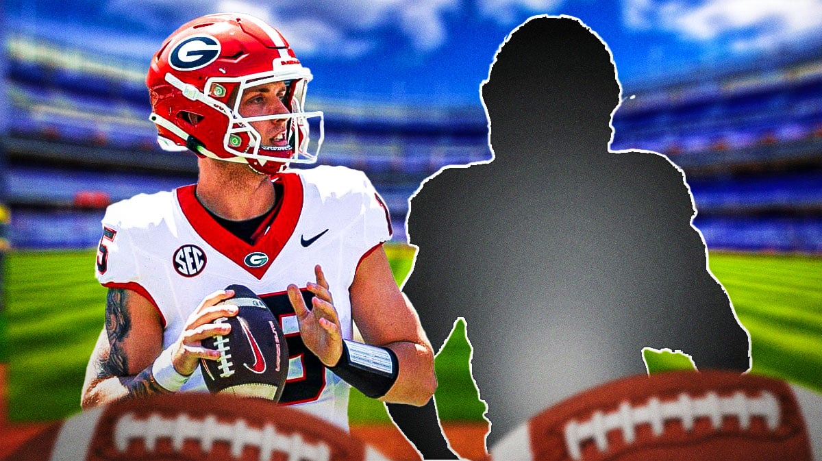 Georgia football QB Carson Beck next to a silhouette of Dillon Bell with a question mark in the silhouette.