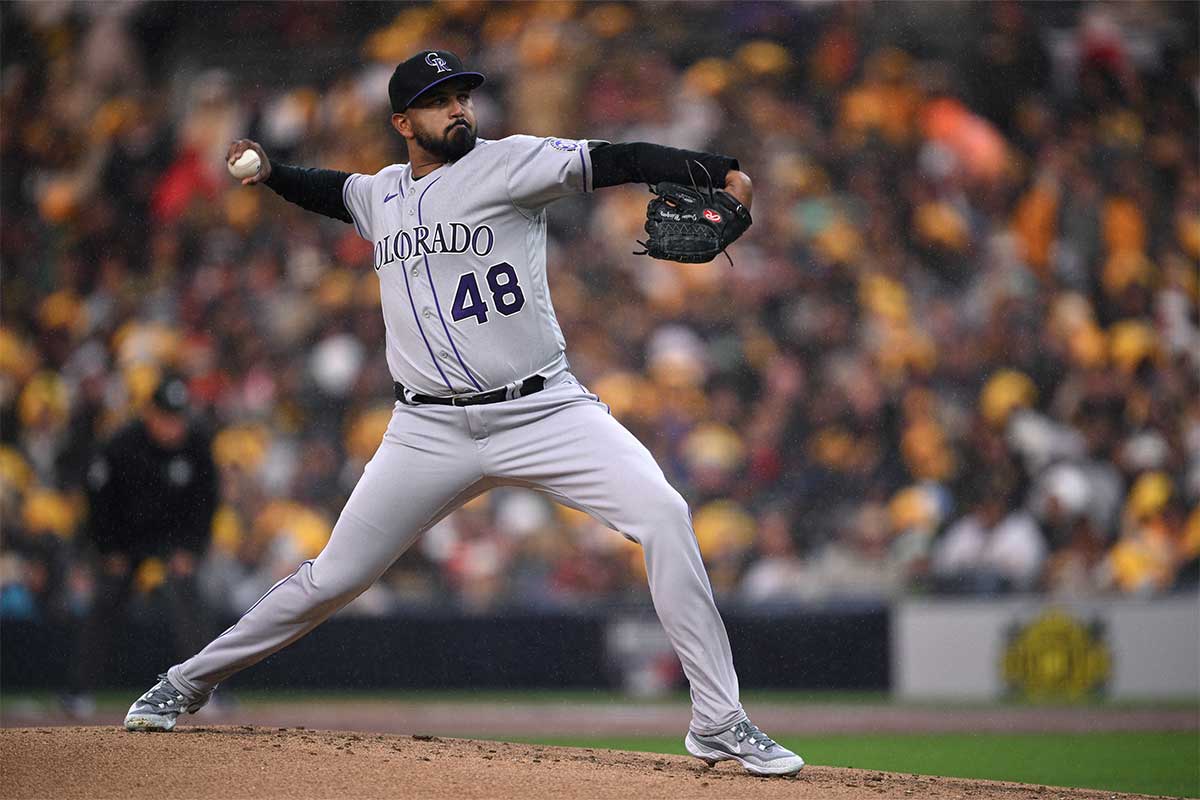 Mar 30, 2023; San Diego, California, USA; Colorado Rockies starting pitcher German Marquez (48) throws a pitch against the San Diego Padres during the first inning at Petco Park. 