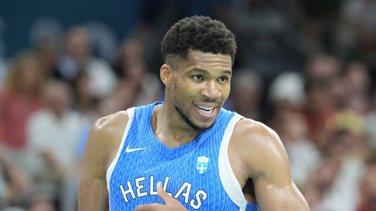 Greece small forward Giannis Antetokounmpo (34) reacts against Spain in a men's basketball group stage match during the Paris 2024 Olympic Summer Games at Stade Pierre-Mauroy.