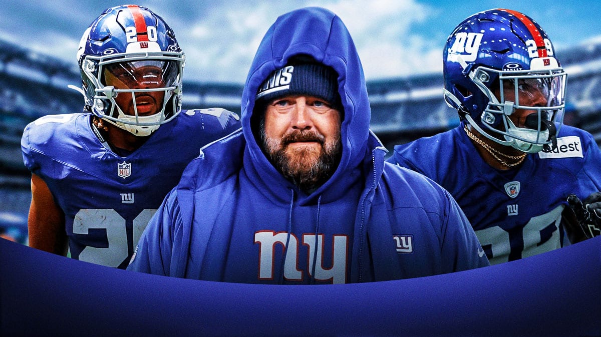 New York Giants RBs Tyrone Tracy Jr. and Eric Gray with Giants head coach Brian Daboll. There is also a logo for the New York Giants.