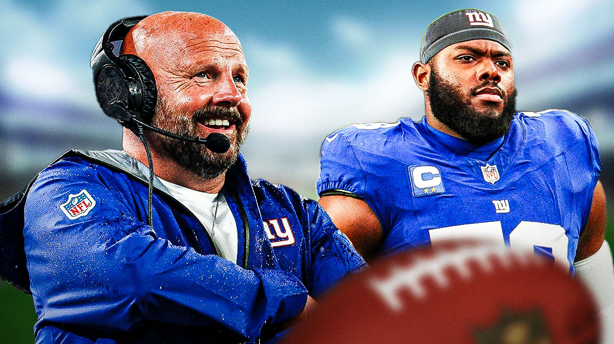 New York Giants head coach Brian Daboll and star Andrew Thomas in front of MetLife Stadium.