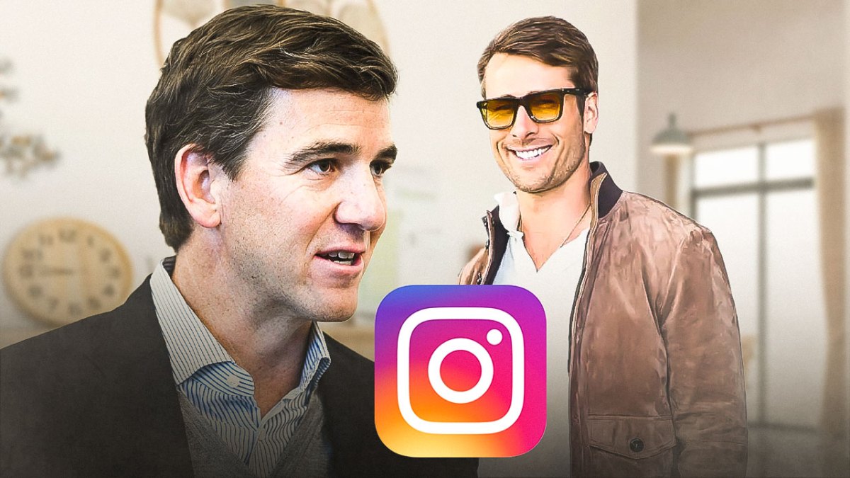 New York Giants quarterback Eli Manning with Chad Powers star Glen Powell.