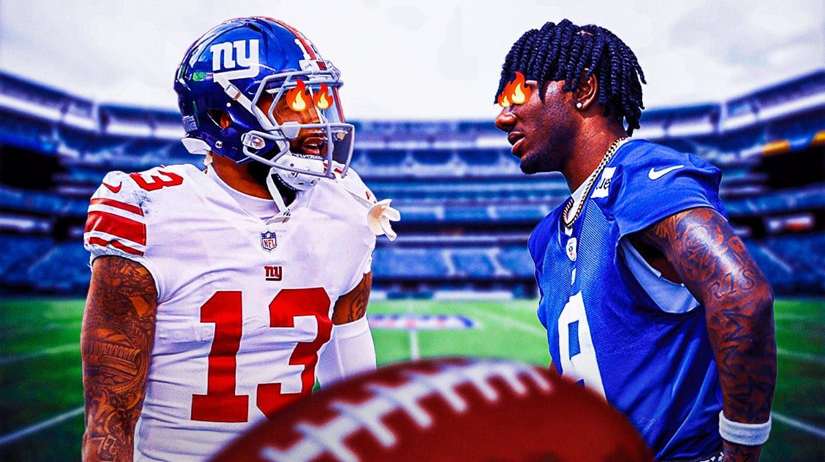 Odell Beckham Jr. and Malik Nabers looking at each other, both with fire in their eyes featuring a NY Giants-themed background.