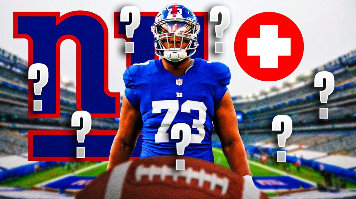 New York Giants offensive tackle Evan Neal with an injury symbol and surrounded by question mark emojis. There is also a logo for the New York Giants.