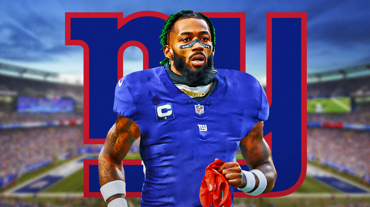 Jalen Mills in a Giants jersey with a New York Giants logo next to him.