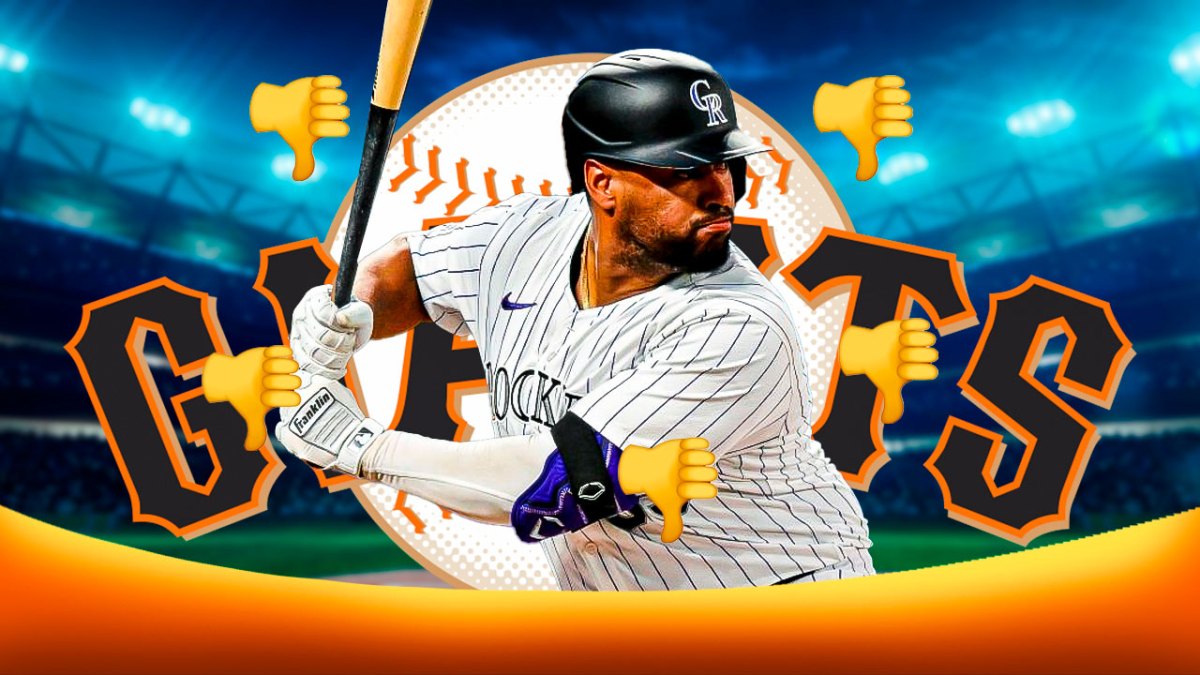 Free-agent catcher Elías Díaz surrounded by thumbs down emojis in front of a San Francisco Giants logo