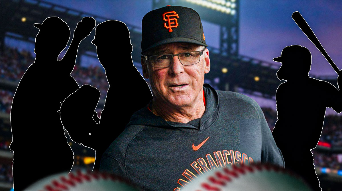 Bob Melvin on one side with a speech bubble that says "Goodbye", silhouette of three baseball players (one hitter, two pitchers) on the other side