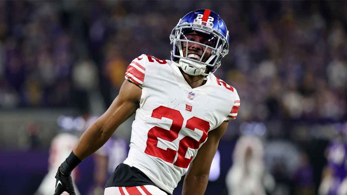 New York Giants cornerback Adoree' Jackson (22) reacts after a play against the Minnesota Vikings during the fourth quarter during a wild card game at U.S. Bank Stadium.