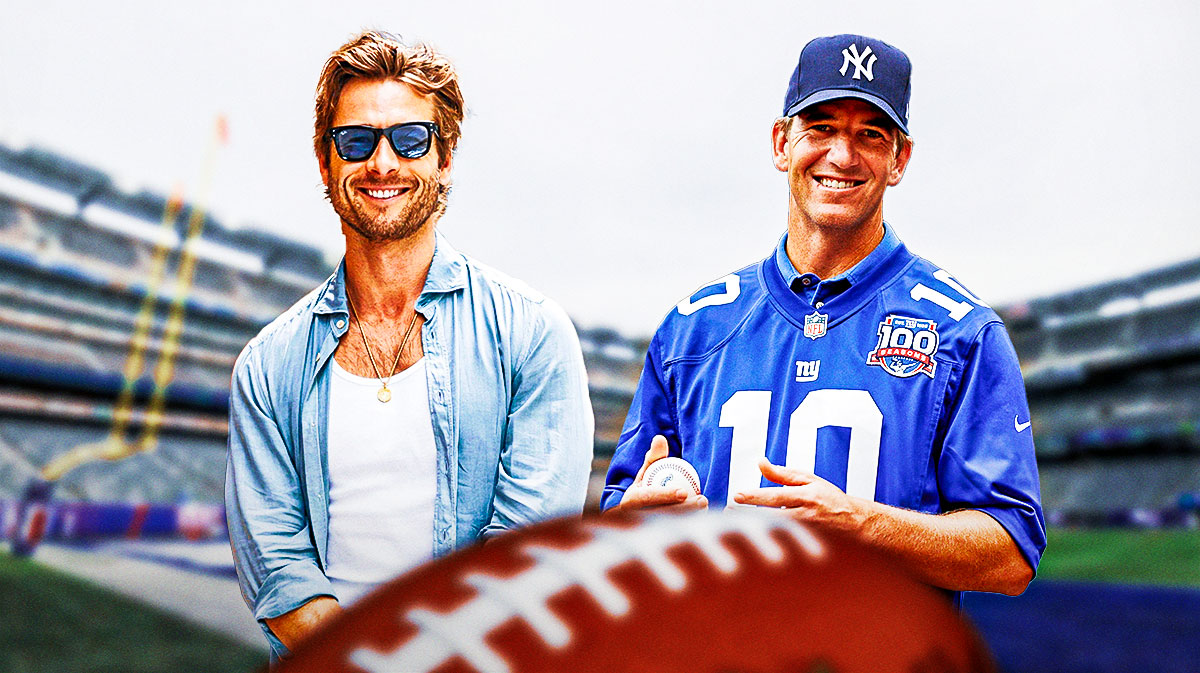 Chad Powers star Glen Powell with New York Giants quarterback Eli Manning and MetLife Stadium background.