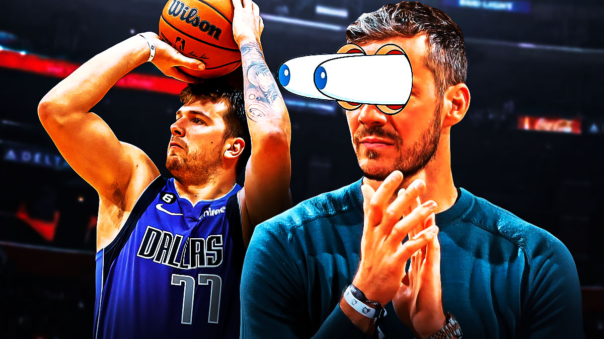 Goran Dragic with eyes popping out looking at Mavericks Luka Doncic shooting a basketball.