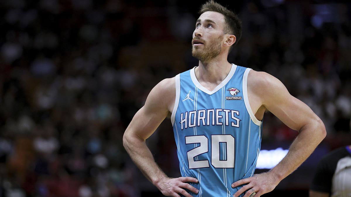 Charlotte Hornets forward Gordon Hayward (20) looks on against the Miami Heat during the second quarter at Kaseya Center.