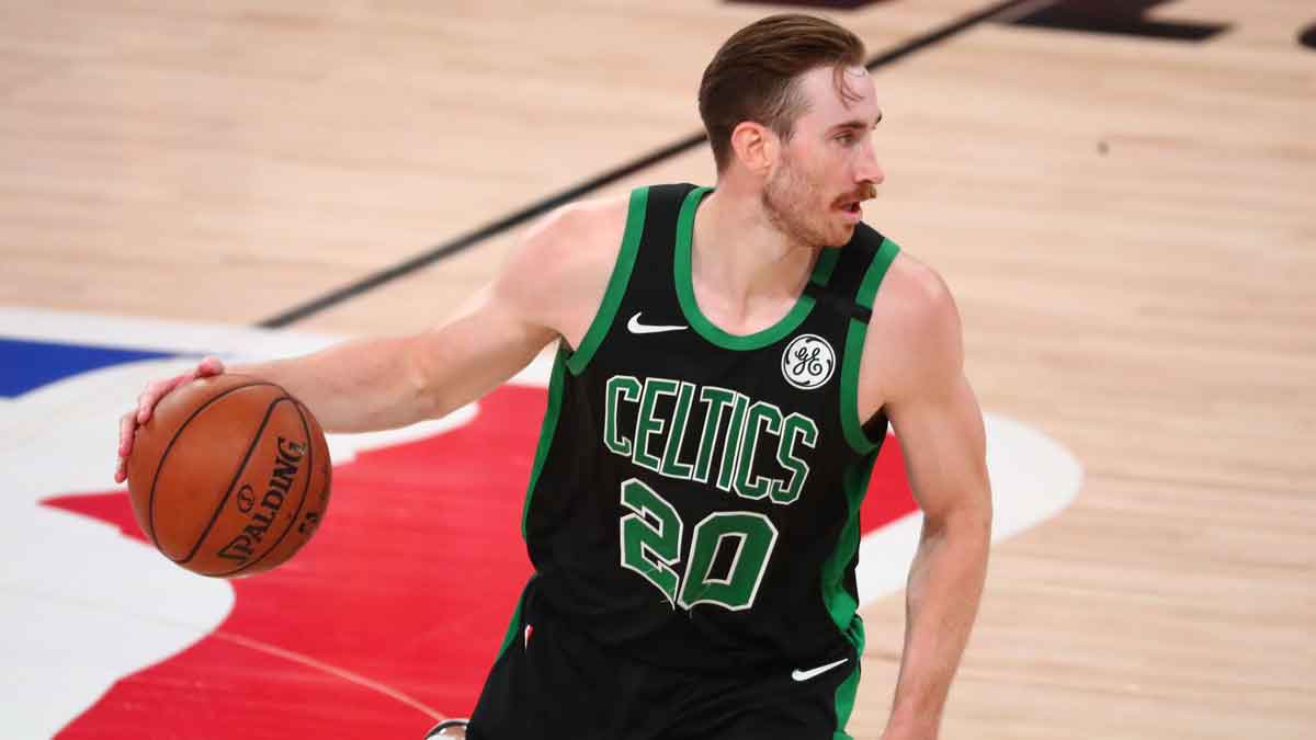 Boston Celtics forward Gordon Hayward (20) controls the ball against the Miami Heat during the second half in game five of the Eastern Conference Finals of the 2020 NBA Playoffs at AdventHealth Arena. 