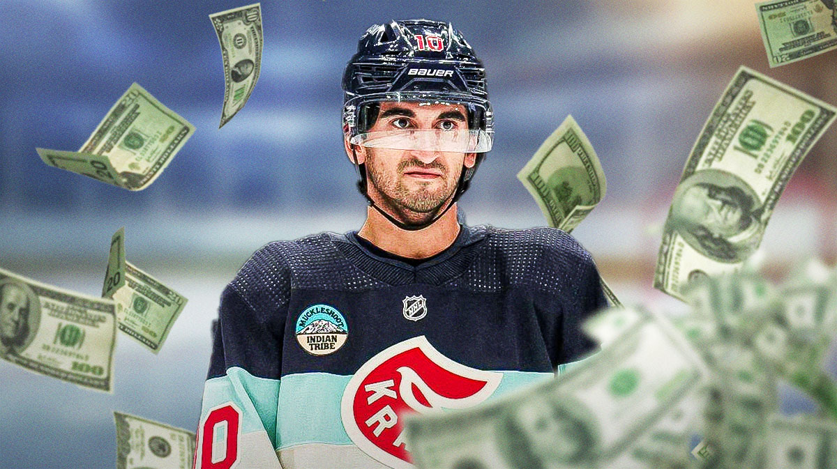 Matty Beniers in a seattle kraken uniform with money raining down around him.