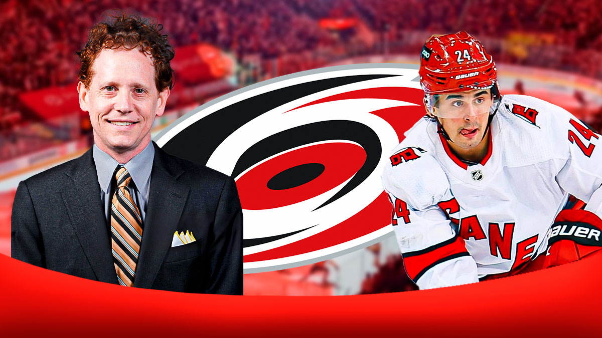 Carolina Hurricanes GM Eric Tulsky on left side, Carolina Hurricanes logo in center, Carolina Hurricanes center Seth Jarvis on right side, PNC Arena (home arena of the Carolina Hurricanes) in the background