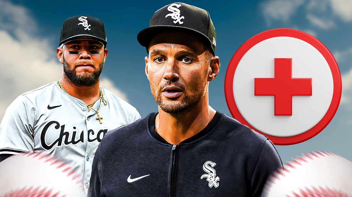 Yoan Moncada in a Chicago White Sox uniform and White Sox manager Grady Sizemore on the side with a red and white first aid symbol in the image as Moncada is injured and the White Sox don't know when he'll be back to join the team in losing more games.