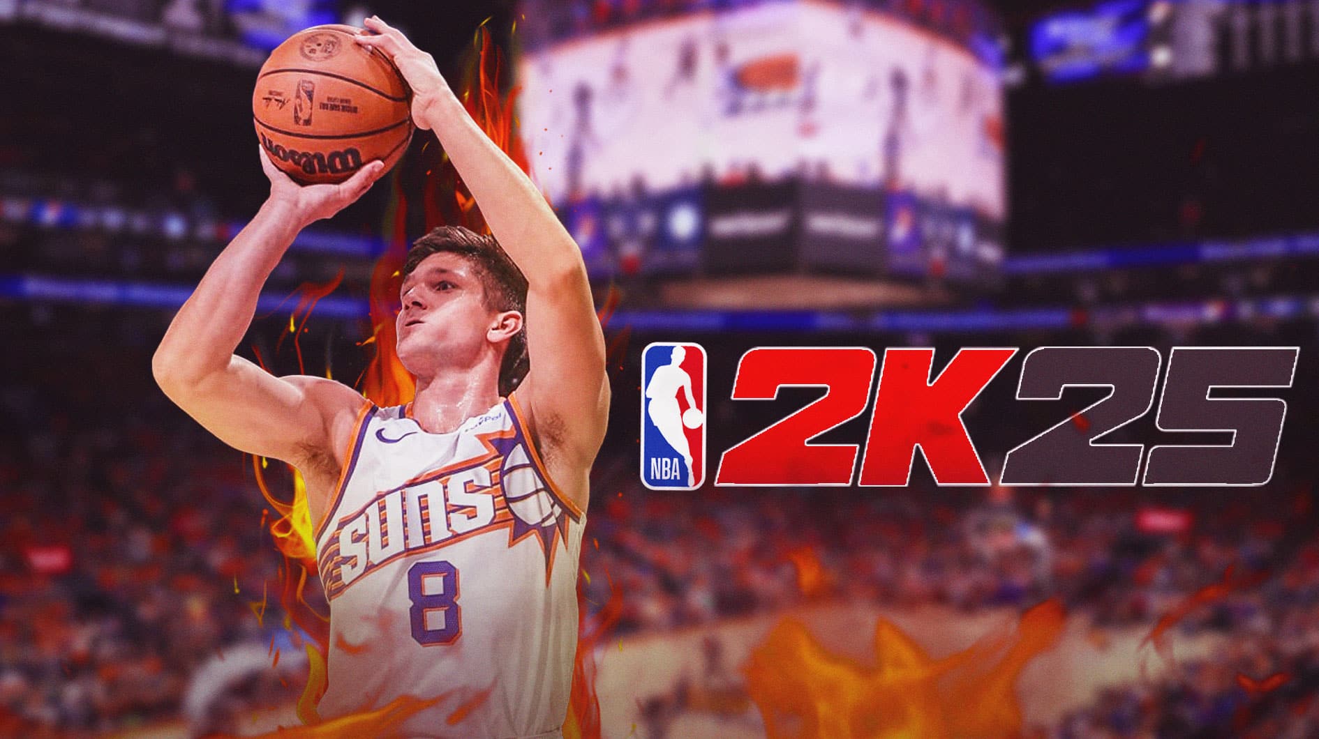 Grayson Allen on the left side shooting while he's on fire with the 2K25 logo on the right side