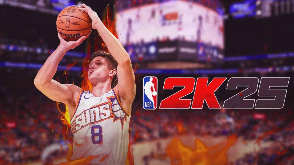 Grayson Allen on the left side shooting while he's on fire with the 2K25 logo on the right side