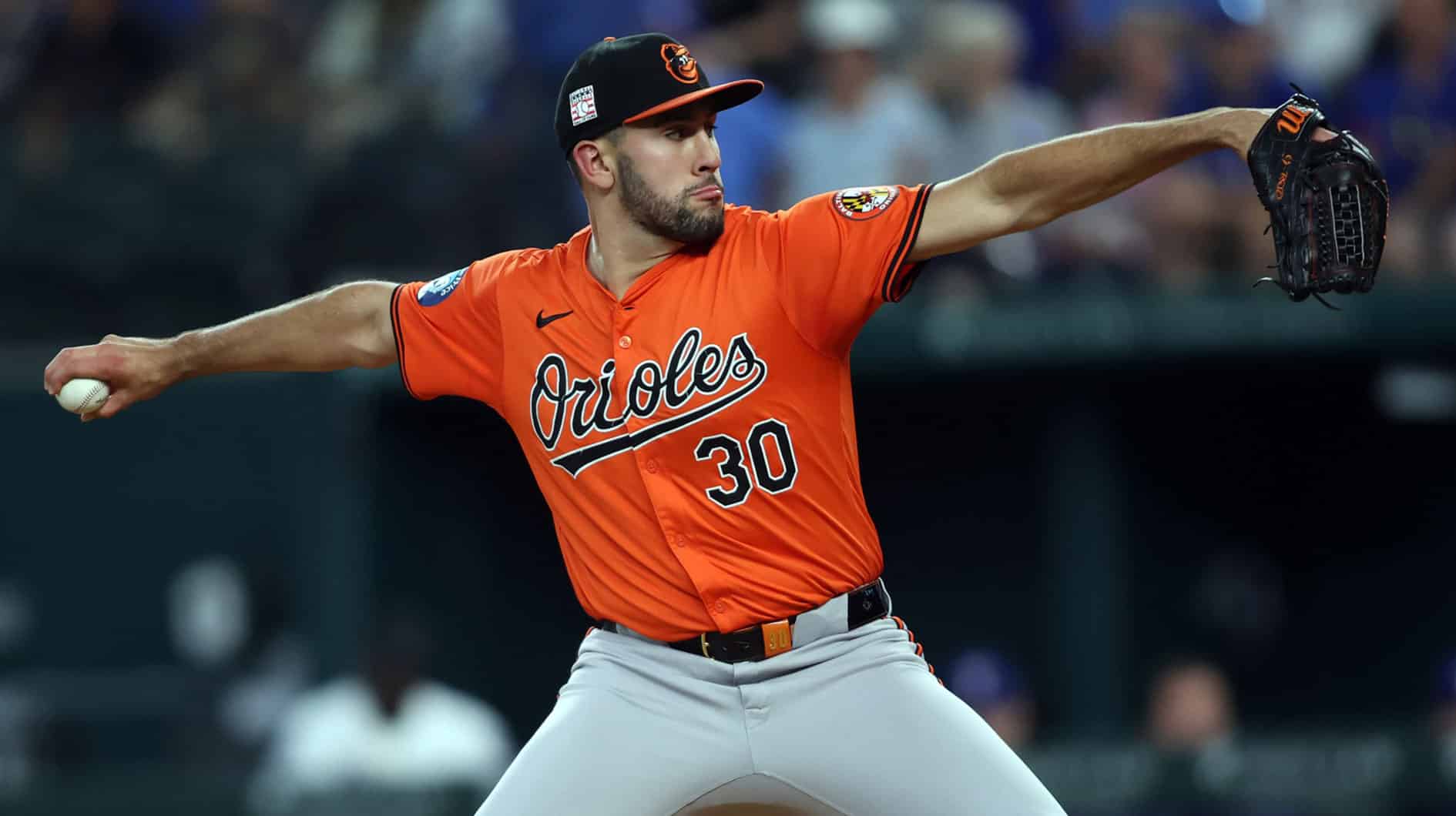 Jul 20, 2024; Arlington, Texas, USA; Baltimore Orioles pitcher Grayson Rodriguez (30) throws against the Texas Rangers in the first inning at Globe Life Field. 