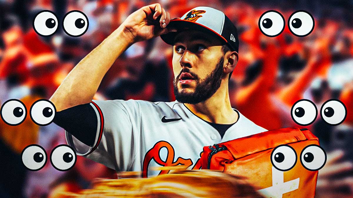 Grayson Rodriguez on one side with an injury kit in front of him, a bunch of Baltimore Orioles fans on the other side with the big eyes emoji over their faces