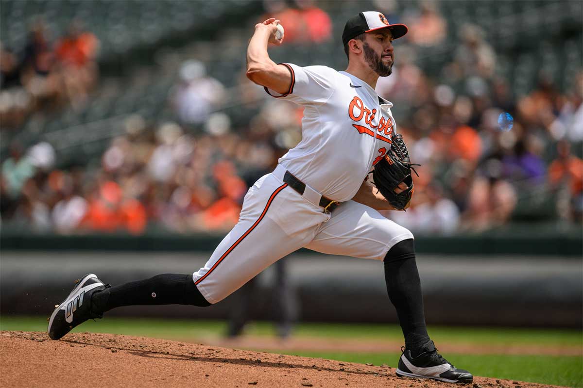 Baltimore Orioles pitcher Grayson Rodriguez (30) throws against the Toronto Blue Jays during the first inning at Oriole Park at Camden Yards.