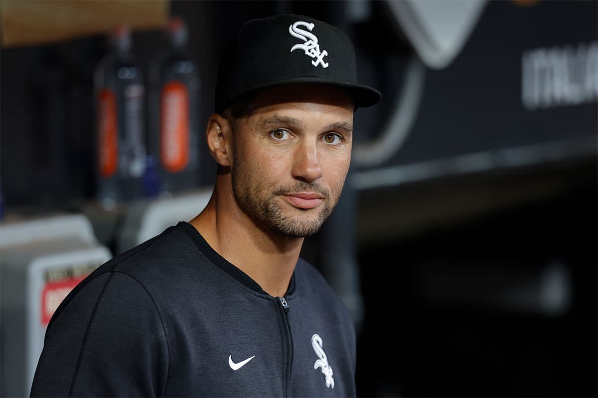 Chicago White Sox interim manager Grady Sizemore (24) looks on from the dugout before a baseball game against the Chicago Cubs at Guaranteed Rate Field.