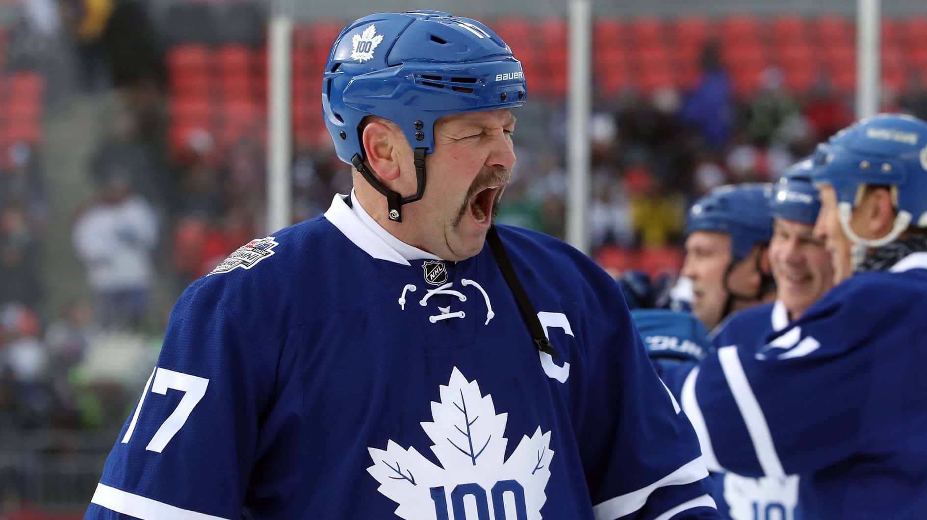 Toronto Maple Leafs forward Wendel Clark (17) yawns before the start of their game against the Detroit Red Wings during the 2017 Rogers NHL Centennial Classic Alumni Game at BMO Field. The Red Wings beat the Maple Leafs 4-3.