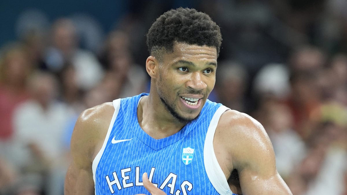 Greece small forward Giannis Antetokounmpo (34) reacts against Spain in a men's basketball group stage match during the Paris 2024 Olympic Summer Games at Stade Pierre-Mauroy. 