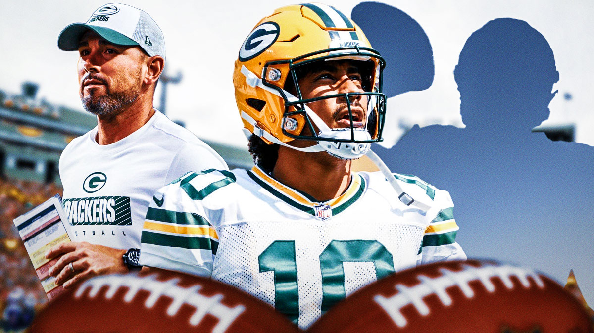 Packers Jordan Love, Packers Matt LaFleur on left. Place the silhouette of Packers Sean Clifford throwing a football on right.