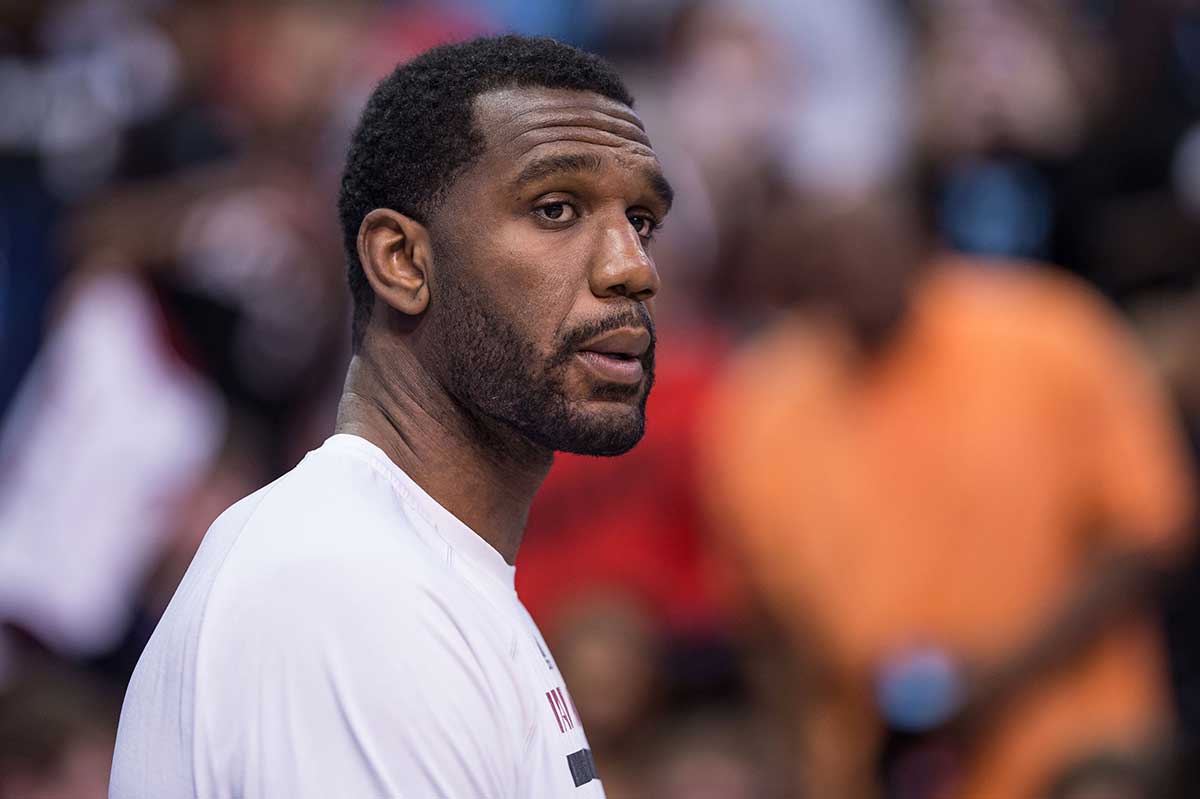 Miami Heat center Greg Oden (20) warms up before the game against the Dallas Mavericks at the American Airlines Center.