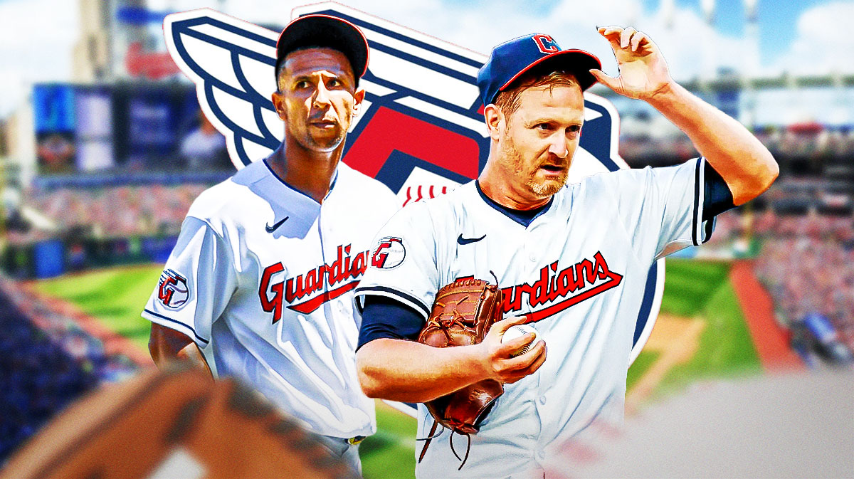 Alex Cobb (Guardians) and Anthony Gose (Guardians) in front of Guardians logo and Progressive Field